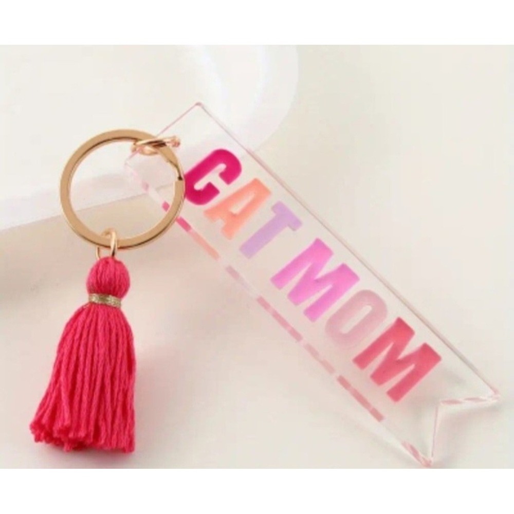 Cat Mom Acrylic Keychain Pink Tassel Gold Tone Hardware Keyring Pet Lover Pink